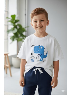 Monila Erkek Çocuk Dinozor Baskılı Pamuklu Bisiklet Yaka Altüst Takım