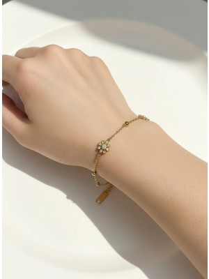 Atalya Accessory Papatya Çiçeği Içi Incili Gold Renk Kadın Çelik Bileklik Kararma Yapmaz Her Kombine Uyar