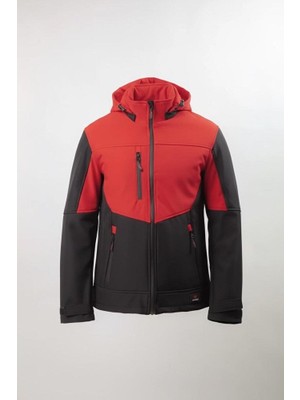 Vatan Tekstil Erkek Softshell Kışlık Kapüşonlu Mont Rüzgar Geçirmez Su İtici İçi Polarlı Kırmızı Siyah