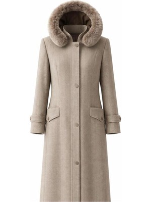 Esin Giyim Prenses Kesim Çıkarılabilir Kürk Kapşonlu Kaşe Kaban