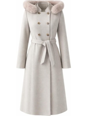 Esin Giyim Kruvaze Düğmeli Kuşaklı Kapşonlu Kaşe Kaban