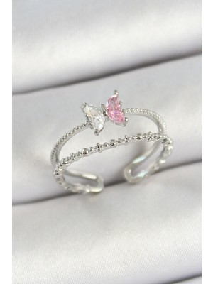 Bsre Pirinç Kelebek Figürlü Zirkon Taşlı Ayarlanabilir Kadın Yüzük - Gümüş Renk