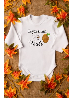Overoz Teyzesinin Balı Yazılı Uzun Kollu Beyaz Bebek Body Zıbın 5585