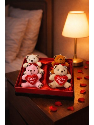 Biton Toptan Lüx Kutuda 4 Adet Lüx Ayıcıklı Hediye Seti – Sevgiliye - Eşe - Arkadaşa Hediye Içi Saten Kutulu