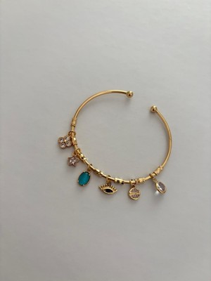 Marsel Nazar Mavi Göz ve Çiçek Figür Zirkon Taş Charm Ayarlanabilir Açık Gold Bileklik