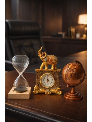 Biton Toptan 3’lü Masa Üstü Seti – Fil Figürlü Saat, Manyetik Kum Saati ve Bronz Dünya Küresi - Premium Hediye