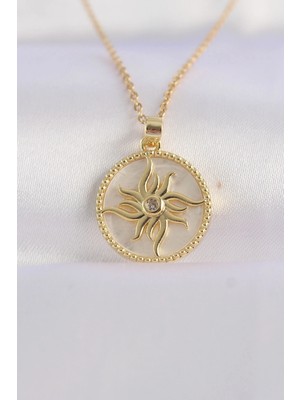 Najmaddin 316L Çelik Zincir Altın Renk Zirkon Taşlı Oval Tasarım Güneş Kolye