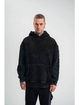 Tarz Yeri Erkek Uzun Kol Kapşonlu Yıkamalı Nakışlı Sweatshirt - Siyah