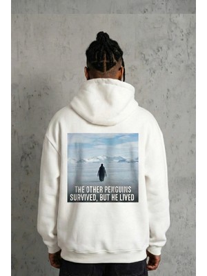 Siyah Oversize Hoodie - Sırt Baskılı "survivor Penguin" Temalı, Felsefi Yazılı Kapüşonlu Sweatshirt - Beyaz