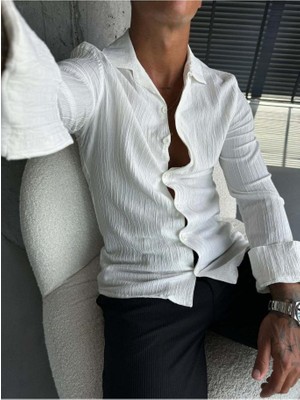 Elku Moda Erkek Oversize Italyan Yaka Keten Pamuk Karışımlı Gömlek Rahat Kalıp Düz Renk Yarım Oversize