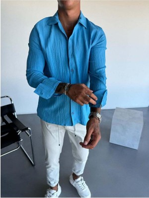 Elku Moda Erkek Oversize Italyan Yaka Keten Pamuk Karışımlı Gömlek Rahat Kalıp Düz Renk Yarım Oversize