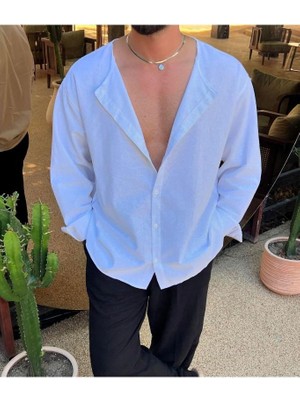 Elku Moda Erkek Oversize Hakim Yaka Keten Karışımlı Gömlek Rahat Kalıp Düz Renk Salaş Gömlek