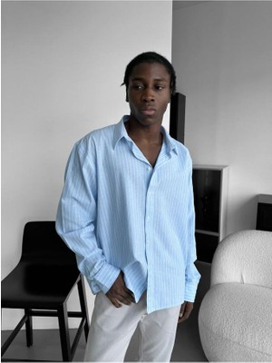 Elku Moda Erkek Oversize Çizgili Gömlek Keten Karışımlı Rahat Kalıp Uzun Kollu Yeni Sezon Italyan Yaka Gömlek