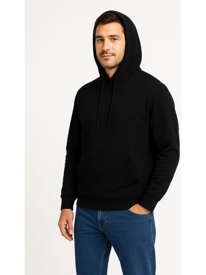 Tarz Yeri Erkek Üç Iplik Kapüşonlu Kanguru Cepli Sweatshirt Hoodie - Siyah