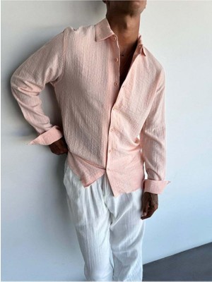 Elku Moda Erkek Oversize Italyan Yaka Keten Pamuk Karışımlı Gömlek Rahat Kalıp Düz Renk Yarım Oversize