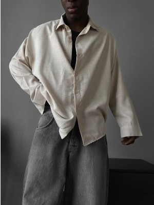 Elku Moda Erkek Oversize Italyan Yaka Keten Gömlek Rahat Kalıp Uzun Kollu Yeni Sezon Pamuklu Salaş Gömlek