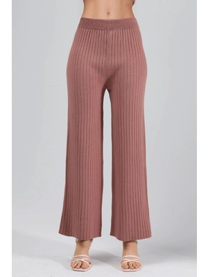 Hiccup Kadın My Fashıon Dokulu Ribanalı Geniş Paça Örgü Pantolon Tozlu Gül Pembesi