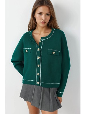 Hiccup Kadın My Fashıon Düğmeli Triko Hırka Çam Yeşili