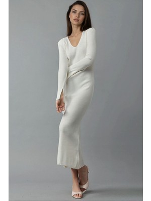 Hiccup Kadın My Fashıon V Yakalı Dokulu Uzun Triko Elbise Tozlu Beyaz