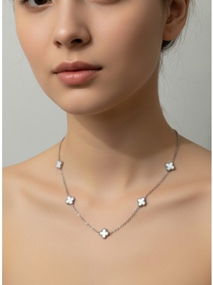 Atalya Accessory Mini Yonca Modeli Gümüş Renk Beyaz Taşlı Kadın Paslanmaz Çelik Kolye - Kararma Yapmaz Çift Taraflı