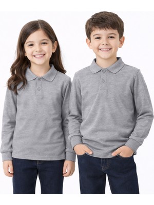 Okul Gri Polo Yaka Uzunkol Tişört Kıyafetleri Üniforması Çocuk Genç
