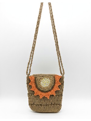 UltraMint Turuncu Vizon Çiçek Kapaklı El Örgüsü Kağıt Ip Omuz Çantası