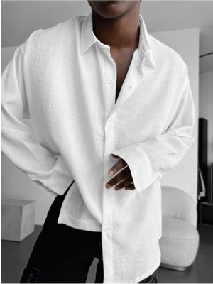 Elku Moda Erkek Oversize Italyan Yaka Keten Gömlek Rahat Kalıp Uzun Kollu Yeni Sezon Pamuklu Salaş Gömlek