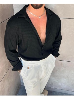 Elku Moda Erkek Oversize Italyan Yaka Pamuklu Likralı Karışımlı Gömlek Düz Renk Rahat Kalıp