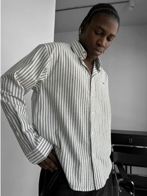 Elku Moda Erkek Oversize Çizgili Rahat Kalıp Keten Görünümlü Uzun Kollu Gömlek