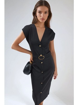 Hiccup Kadın Busem Kemerli V Yaka Midi Elbise Siyah