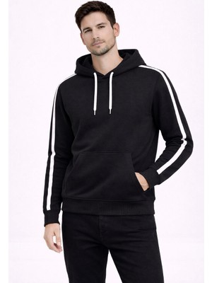 Tarz Yeri Erkek Şeritli Kapüşonlu Sweatshirt Oversize 3 Iplik Pamuklu - Siyah