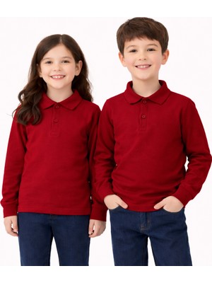 Okul Bordo Polo Yaka Uzunkol Tişört Kıyafetleri Üniforması Çocuk Genç