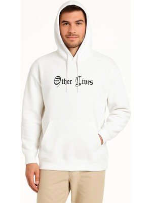 Erkek Kapşonlu Sweatshirt – Oversize Üç Iplik Şardonlu Hoodie, “other Lives” Ön & Arka Baskılı, Kanguru Cepli, Kışlık Rahat Günlük Stil - Beyaz
