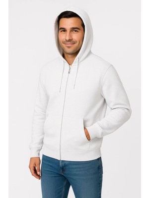 Erkek Üç Iplik Kapüşonlu Tam Fermuarlı Kanguru Cepli Sweatshirt Hoodie - Beyaz