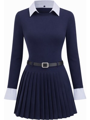 Piliseli Kemerli Yaka Kol Detaylı Elbise