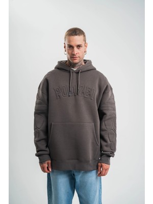 Tarz Yeri Erkek Nakış Işlemeli Kapşonlu Antrasit Sweatshirt Üç Iplik Double Oversize- Füme