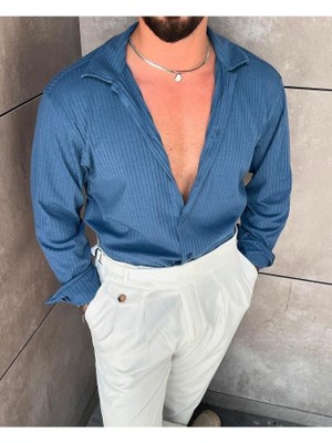 Elku Moda Erkek Oversize Italyan Yaka Pamuklu Likralı Karışımlı Gömlek Düz Renk Rahat Kalıp