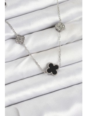 Najmaddin 316L Çelik Zincir Gümüş Renk Siyah ve Zirkon Taşlı Yonca Kadın Kolye