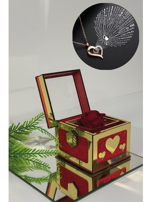 Fırtına Armağan Sihirli Güllü Kutuda 14 Ayar Altın Kaplama 316L Çelik 100 Dilde Seni Seviyorum Kolye