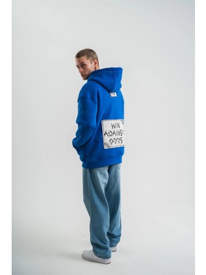 Erkek Kapşonlu Uzun Kol Patchli Nakışlı Sweatshirt - Mavi