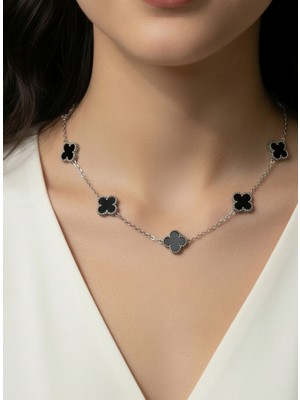 Atalya Accessory Yonca Modeli Gümüş Renk Siyah Taşlı Kadın Paslanmaz Çelik Kolye - Kararma Yapmaz Çift Taraflı