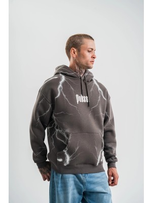 Erkek Şimşek Baskılı Kapşonlu Sweatshirt Üç Iplik Pamuklu Kanguru Cepli Double Oversize Hoodie - Füme