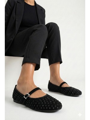 Nmoda Kadın Babet Taşlı Tokalı Siyah Süet Düz Tabanlı Modern Tasarım ve Konfor