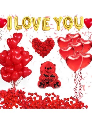 UltraMint Sevgililer Günü I Love You Folyo Balon Seti ve Gül Yaprakları