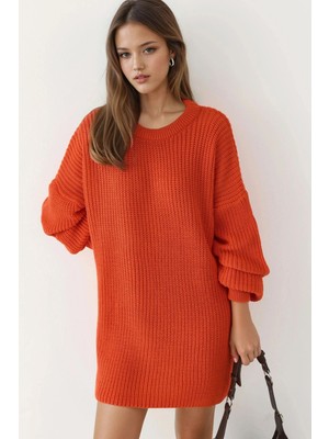 Hiccup Kadın My Fashıon Oversize Uzun Triko Kazak Parlak Turuncu