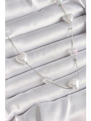 Najmaddin Pirinç Gümüş Renk Beyaz Inci Kalp Model Kadın Kolye