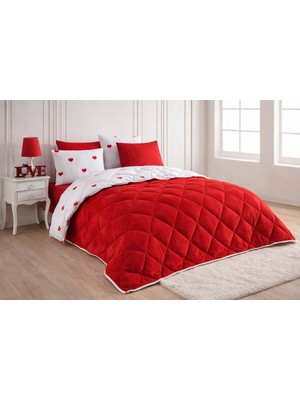 Betha Aşk Temalı Kalpli Kırmızı Çift Taraflı Wellsoft Yorgan Çift Kişilik