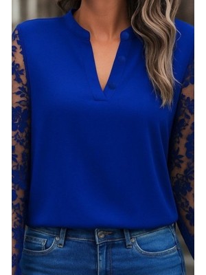 Serac Collection Kadın Uzun Kollu Yaka Düğme Detay Güpürlü Kol Krep Bluz