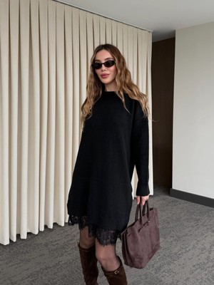 Laluvia Siyah Dantelli Kısa Triko Elbise - 251008