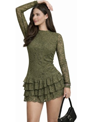 Kahverengi Dantel Elbise Katlı Etek Detaylı Astarlı Esnek Rahat